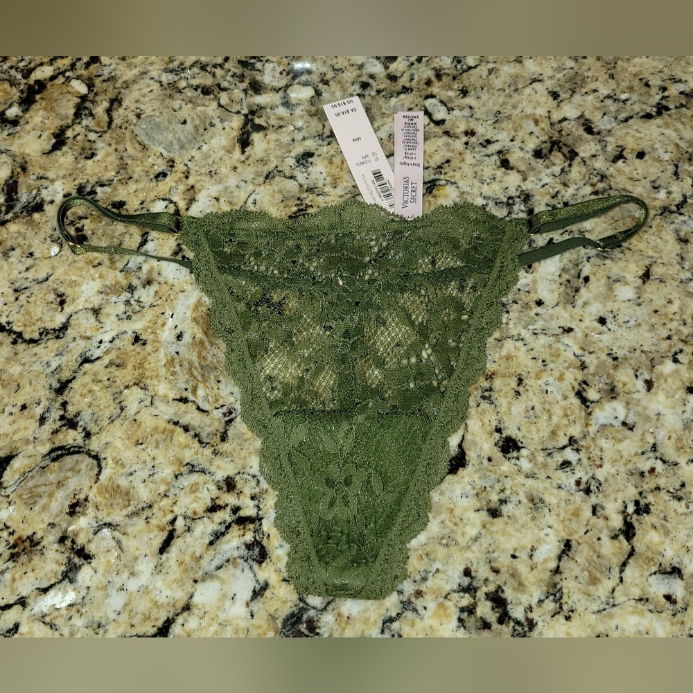 NWT Victoria's Secret Olive Green Lace Panty G-string Thong  Adjustable Straps